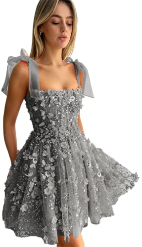 Image of Tdiatfm Lavender Short Homecoming Dress for Women 3D Flowers Sequin Bow Strap A-Line Formal Cocktail Party Mini Dress (US, Alpha, Medium, Regular, Regular, Grey)