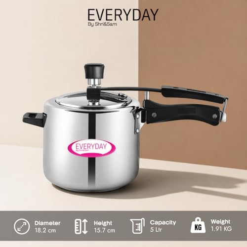 Image of Everyday Stainless Steel Pressure Cooker, 5 Litre, Mirror Finish, Inner Lid Design, Gas and Induction Compatible