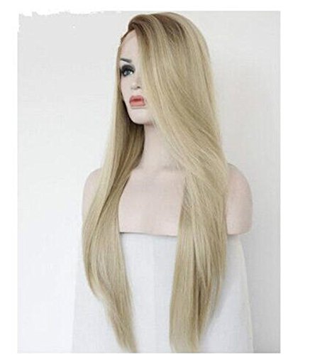 ATOZWIG Fashion Ombre Blonde Synthetic Wigs 2 Tone Color Brown Roots Side Part Long Natural Straight Heat Resistant Synthetic Hair Replacement Wig For Women