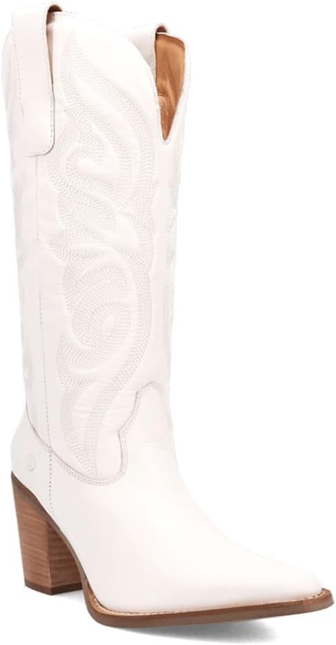 Dingo Womens Hensley Embroidered Snip Toe Pull On Casual Boots Mid Calf Mid Heel 2-3" - White