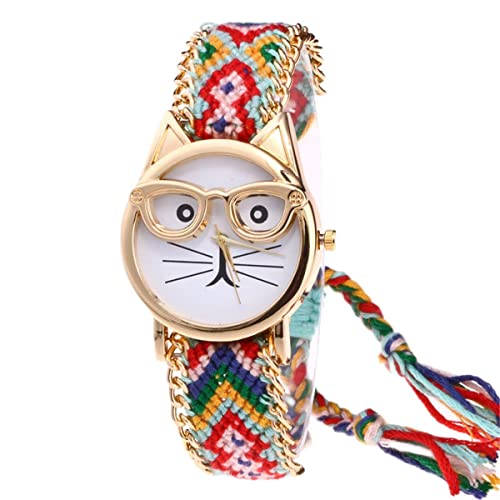 AQBD Fashion Women Lady Girls Cute Cat with Glasses Handmade Knitted Watch Wedding Party Gift wlp fB[X ̎q 킢 ዾ  L ҂ ꂽ 