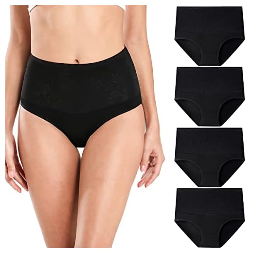 wirarpa Bragas Faja Talle Alto Algodón para Mujer Cómodo elástico Braga Reductoras Pantalones de Mujer Pack de 4 Negro Tamaño M