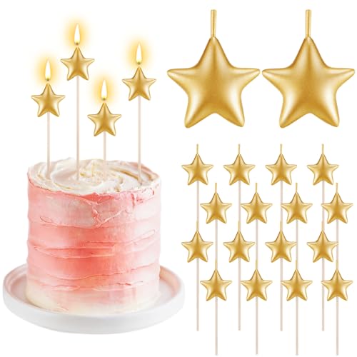 Threlaco 16 Pack Star Candles for Cake Birthday Star Shaped Sparkler Candles Stereo Cake Topper Decorations for Birthday Party Supplies (Golden)