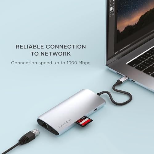 Image of Satechi 8 in 1 USB C Hub Multiport Adapter V3, 8K HDMI, 100W Charging, 4 USB Data Ports, Ethernet, SD Card Reader, for Laptop, for Mac /Windows, MacBook Air /Pro /Neo, iPad Air /Pro - Silver