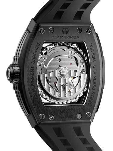 Image of TSAR BOMBA Men's Automatic Watch Tonneau Luxury Skeleton Watches for Men Mechanical 50M Waterproof Analogue Watches Mens Unique Cool Square Big Face Dial Wristwatch with Silicone Strap Band
