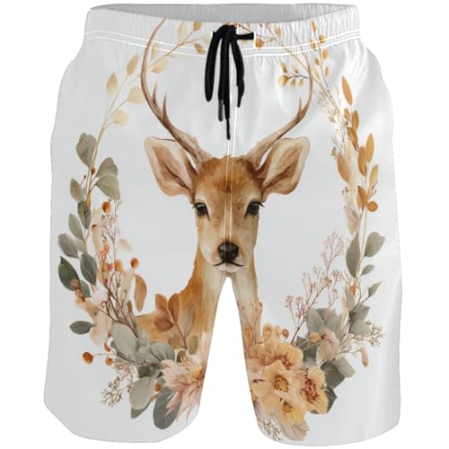 visesunny Board Shorts Men's Swim Trunks Men Deer Wreath Floral Leaves Mens Swimsuit Beach Shorts Bathing Suit 8 Inch Quick Dry Swimwear with Liner M