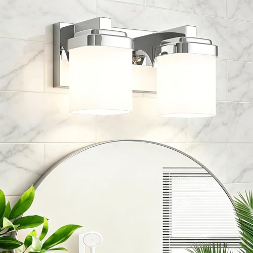 Image of 10 Inches Bathroom Vanity Light, 2-Light Chrome Bathroom Light Fixtures Over Mirror, Bathroom Light Shower Lamp with Milky White Square Glass Shade, Modern Farmhouse Lighting Fixtures