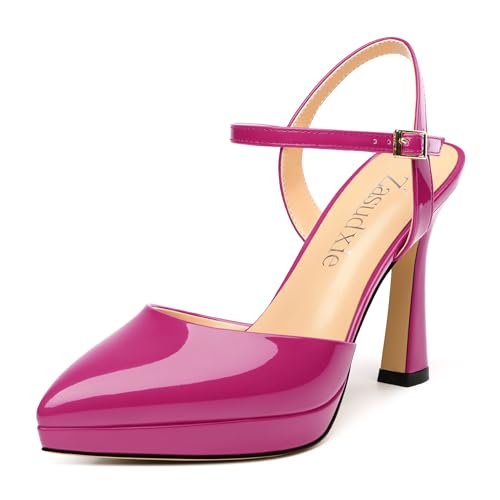 Women's Platform Stiletto Pumps Patent Pointed Toe High Heels Ankle Strap Sandals Wedding Party Dress Shoes 4 Inch