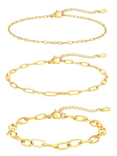 Image of FaithHeart Waterproof Ankle Bracelets for Women, 1 /2 /3Pcs Non Tarnish Stainless Steel Layered Anklet Set Paperclip Figaro Cuban Link Chain Dainty Summer Beach Jewelry Gift Adjustable Size