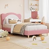 Twin Size Bed Frame for Kids - Cute Velvet Princess Platform Bed with Upholstered Headboard for Girls/Boys, Solid Wood Slats Support, No Box Spring Needed, Pink + White