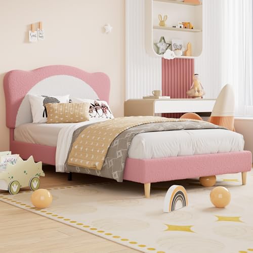 GarveeHome Twin Size Bed Frame for Kids - Cute Velvet Princess Platform Bed with Upholstered Headboard for Girls/Boys, Solid Wood Slats Support, No Box Spring Needed, Pink + White Pink + Whi