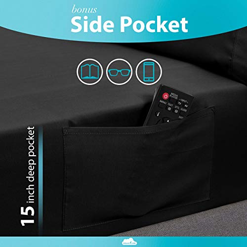 Image of DREAMCARE Twin XL Sheet Sets - 3 pcs Breathable Cooling Sheets - up to 15 inch Deep Pocket Twin XL Sheets Set with Side Pockets - Extra Soft 100% Brushed Hypoallergenic Hotel Luxury Bedding - Black