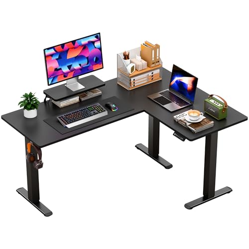 Image of Furmax 63 x 47 Inch L Shaped Standing Desk with 2 Preset Heights, Electric Height Adjustable Computer Desk, Corner Sit Stand Desk for Home Office, 2 Hooks & Feet Balance (Black, 63 x 47 Inch)