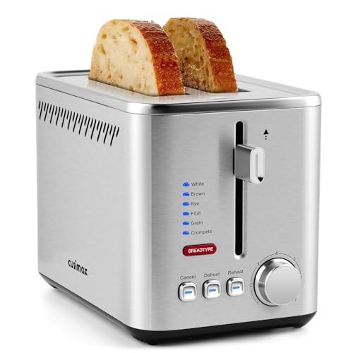CUSIMAX 2 Slice Toaster, Wide Slot Toaster for All Bread Types, 7 Browning Levels, High-Lift Feature, Defrost/Reheat/Cancel Function, Removable Crumb Tray, Cool Touch Stainless Steel, 950W