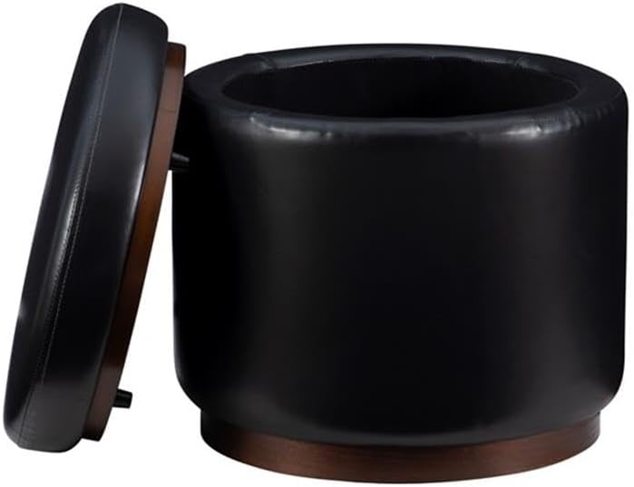 BOWERY HILL Round Padded Storage Ottoman, Black Faux Leather with Dark Walnut Pinewood Trim, 18" W x 18" D x 18" H, Removable Lid, Lined Interior, Multifunctional Seating, Home Living Room Furniture