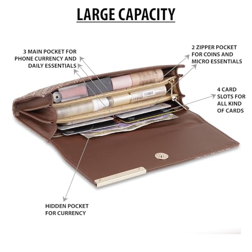 Image of Wallet for Women Girls Stylish Floral Faux Leather with Phone Space Coin Compartment Mobile Storage 4 Card Slots Holder Cash Zip Pockets Hand Clutch for Daily Use Ladies Long Purse (Brown)
