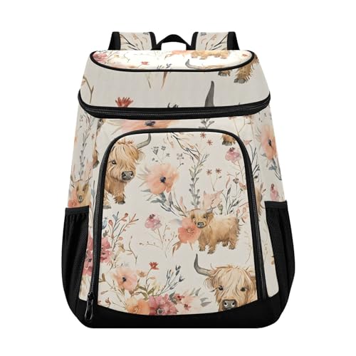 Highland Cows Flowers Cooler Backpack Cooler Insulated Leak Proof Lunch Backpack 36 Cans Waterproof Soft for Men Women Picnic Hiking Camping Beach