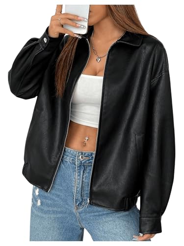 Women's Faux Leather Zip Up Jacket Long Sleeve Drop Shoulder Outerwear Coat