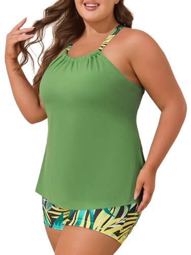 Summer Mae Ribbed Plus Size Swimsuits for Women Two Piece Tankini Sets High Neck Bathing Suit Tummy Control Swimwear