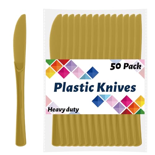CXPSINC Gold Plastic Knives Disposable 50 Count - 7.75 Inch Heavy Duty Disposable Cutlery Utensils BPA-Free Solid for Party Picnic Catering Daily Use & More (Gold)