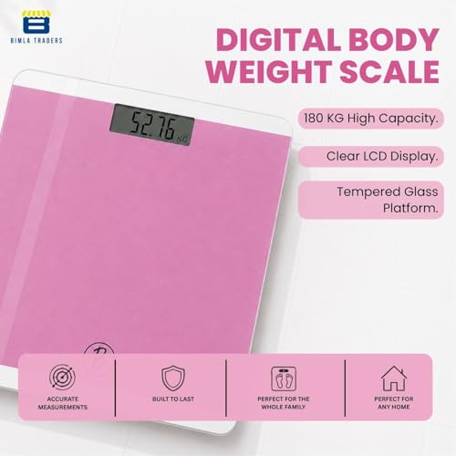 Image of Btag Premium Digital Body Weight Scale | 26x26 cm Wide Platform | Clear LCD Display | Anti-Skid Base | 180 kg Capacity Block Design (Pink)