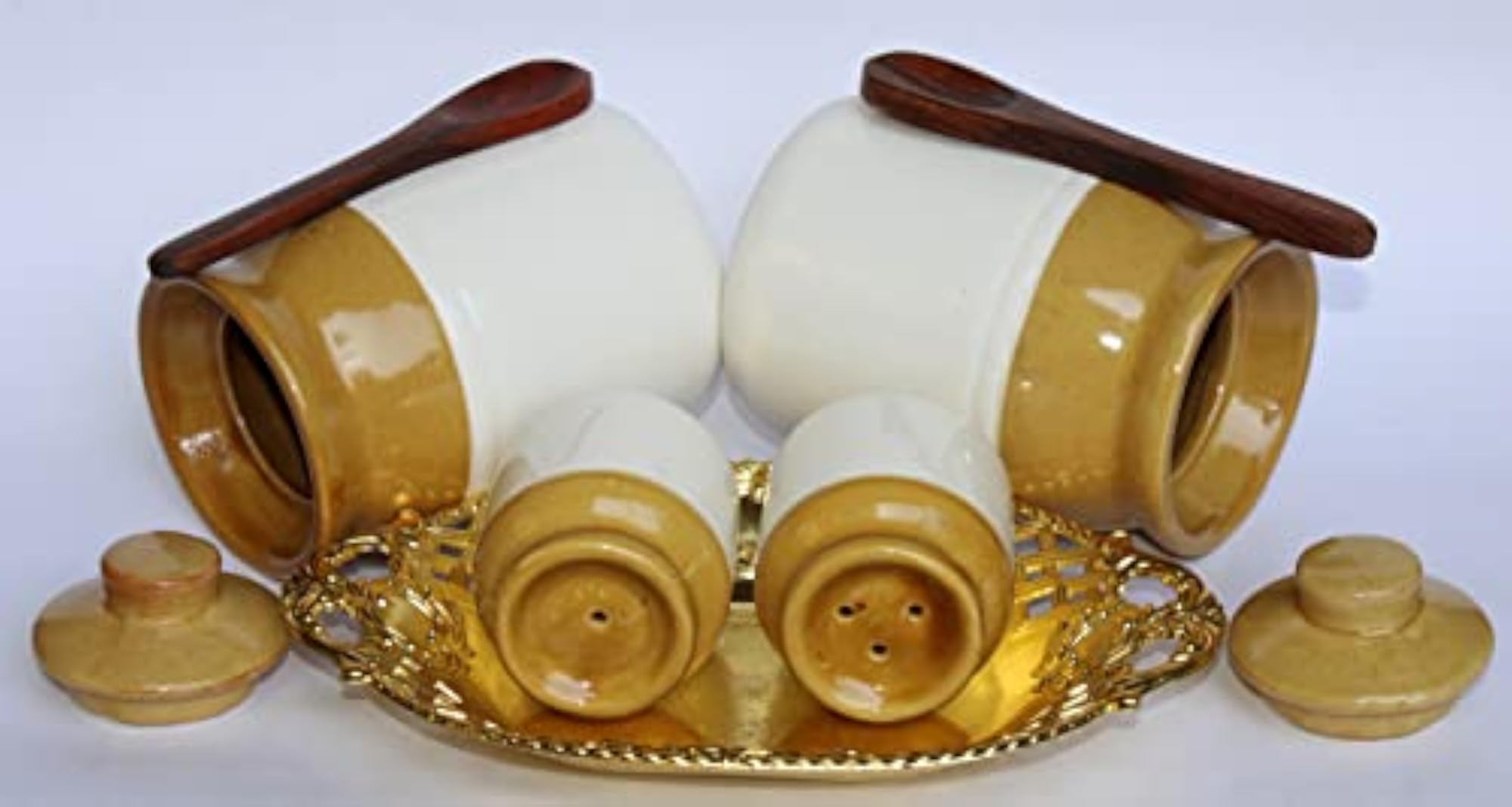 Elite 'BROWN WHITE' COMBO - SMALL 400 ml X 2 Ceramic Pickle Jar PAIR