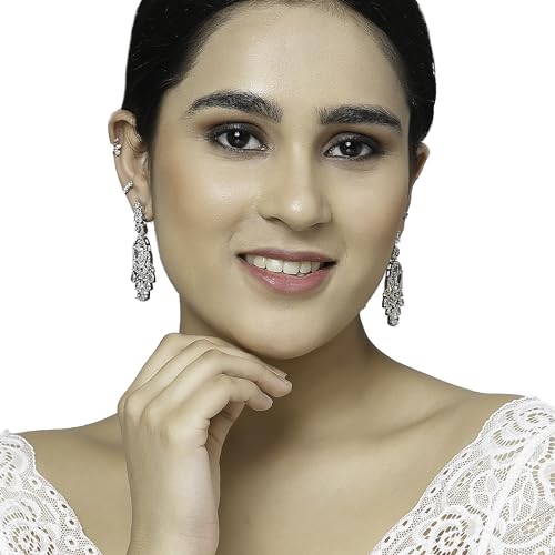 Image of ZENEME Rhodium-Plated American Diamond Studded Oval & Leaf Shaped Drop Earrings For Girls and Women