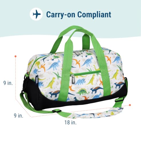 Image of Wildkin Overnighter Duffel Bag for Kids, Dinosaur Adventures | 18 x 9 x 9 in travel duffel with roomy main compartment, exterior zip pocket and removable padded shoulder strap.