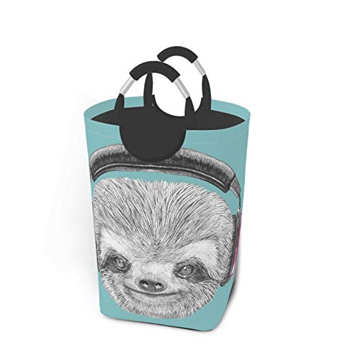 Wäschesack,DJ Faultier Porträt mit Kopfhörern Lustiger moderner Charakter Cool Cute Smiling,Großer faltbarer Wäschekorb,zusammenklappbarer