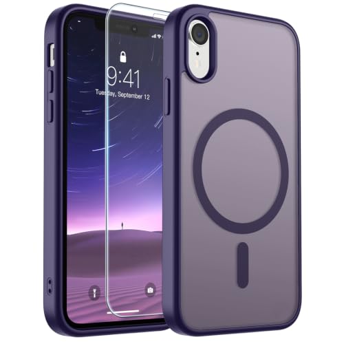Image of SUPFINE Magnetic for iPhone XR Phone Case Dark Purple | With Screen Protector, Translucent Matte, Compatible with MagSafe, Military Grade Drop Proof, Rugged Shockproof Protective