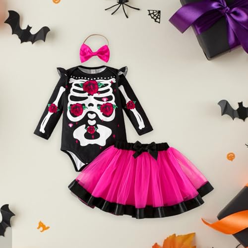 Kuriozud Halloween Outfit Clothes Toddler Baby Girl Skeleton Rose Long Sleeve Romper with Bow Headband Tulle Skirt 3Pcs Set2