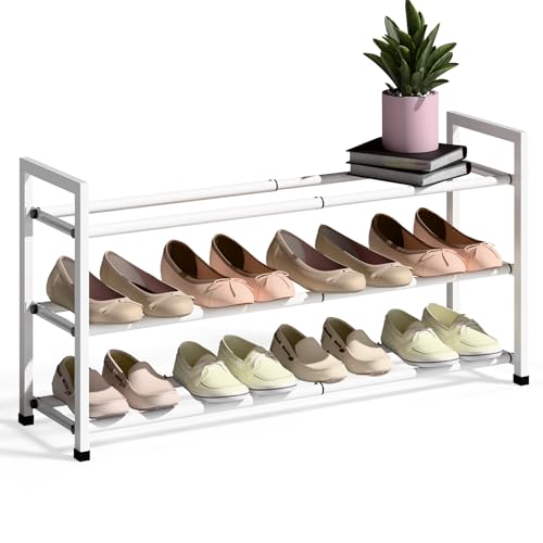 Image of Bumusty 3-Tier Expandable Shoe Rack for Closet, 18 inch-33 inch Adjustable Shoe Rack for Small Space, Small Shoe Organizer for Front Door, Sturdy Metal, White