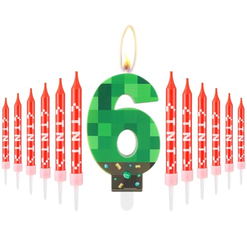 iNINGER Green Number 6 Candle,Pixel Birthday Cake Candle Decoration Green TNT Print Themed Birthday Candles Numeral Birthday Cake Topper for Boy Girl Pixel Game Party Decoration Supplies