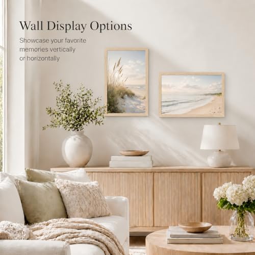 Image of JCJMY 5.5x8.5 Picture Frame for Wall Hanging or Tabletop, Wall Mounting Horizontally or Vertically, 5.5 x 8.5 Wall Gallery Poster Photo Frame with Shatter Resistant Plexiglass, Natural