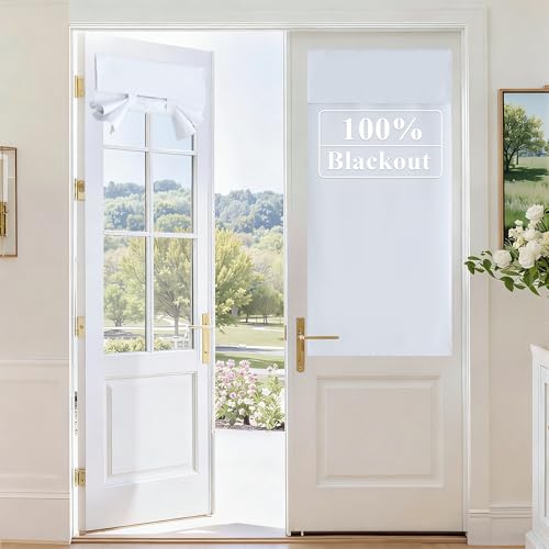 Image of RYB HOME 100% Blackout Door Curtain for French Door, Privacy Shade for Bedroom Office Kids Nursery Window, W26 x L40 inches, 1 Panel, White