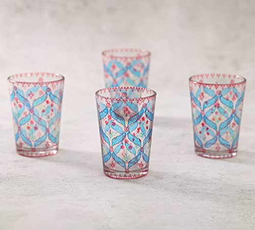 Image of India Circus By Krsnaa Mehta Blooming Dahlia Printed Kullad Tea Serving Chai Coffee Cups Glasses | Multicolour | Set of 4, 140 mL Each