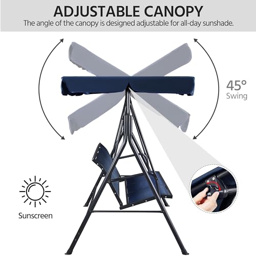 Image of Yaheetech Outdoor Porch Swing Chair for Adults, 3-Seat Patio Sunset Hanging Swing w /Texteline Fabric & Adjustable Canopy & Armrests, Canopy Lounge Chair for Backyard /Garden /Balcony, Blue | Weatherproof Material, Adjustable Sunshade, Removable Cushions, Lounge Seating, Sturdy Frame for Garden, Pool, Yard, Porch