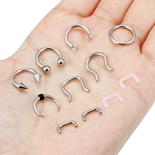 Ftovosyo 11Pcs 14G Septum Jewelry Surgical Steel Nose Septum Rings Piercing Jewelry Retainer Horseshoe Vertical Labret Lip Hoop Ring for Women Men 10mm 3/8 Inch3