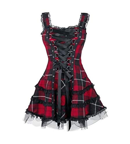 Minetom Gothic Kleid Damen Kariertes Schnüren Minikleid Strap Kleid Street Punk Halloween Cosplay Kleid Steampunk Vintage Rockabilly Kleid A Rot 3XL