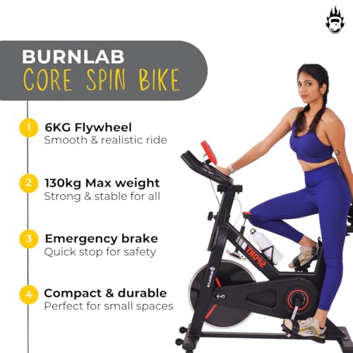 Image of Burnlab Core Spin Spin Bike| 6 kg Heavy-duty Flywheel | LED Screen Display | Pulse Sensor |2Pc Crank | Silent Belt Drive System | Bottle Holder | Anti-slip Pedals and Comfortable Seat | Max User Weight 120kg | Home Workout & Cardio| DIY Installation (Black and Red)