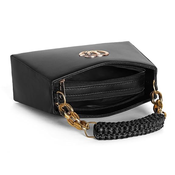 Image of Black Structured Handbag with Gold Chain Handle and Woven Crossbody Strap, Faux Leather