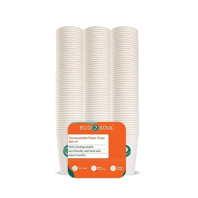 ECO SOUL [250 ml, 25 Count] Disposable White Paper Cups| Plastic-Free Aqueous Coated | Eco-Friendly & Biodegradable Cups | Use & Throw Party Glasses | Ideal for Tea, Coffee & Water | 250 GSM