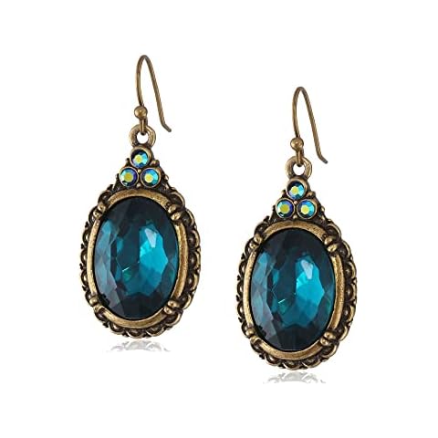 1928 Jewelry "Victorian Peacock" Blue Zircon Color Oval Faceted Brass Tone Drop Earrings Cover