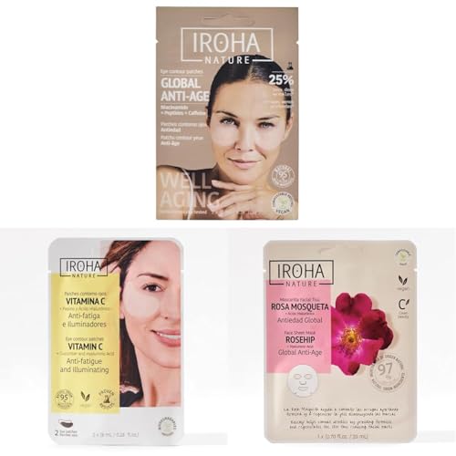 Parches Ojos Global Antiedad con Niacinamida y Cafeina + Parches Ojos iluminadores y antifatiga con Vitamina C + Mascarilla facial antiedad con Rosa Mosqueta y Ácido Hialuronico.