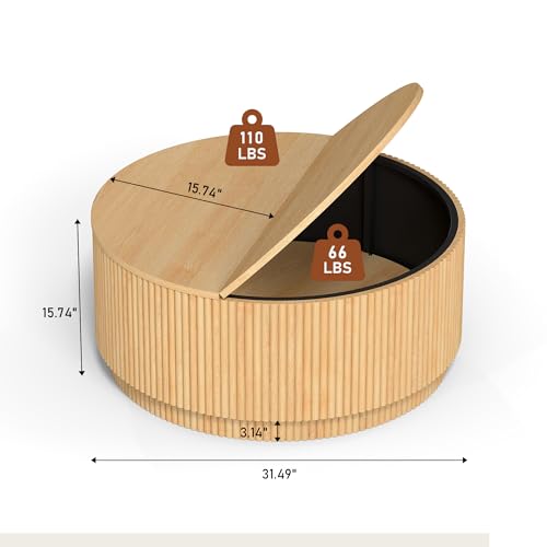 Image of LEVNARY 31.5 inch Round Coffee Table with Storage, Boho Coffee Tables with Fluted Base, Wooden Circle Accent Center Table for Living Room Small Space Apartment Office (Natural)