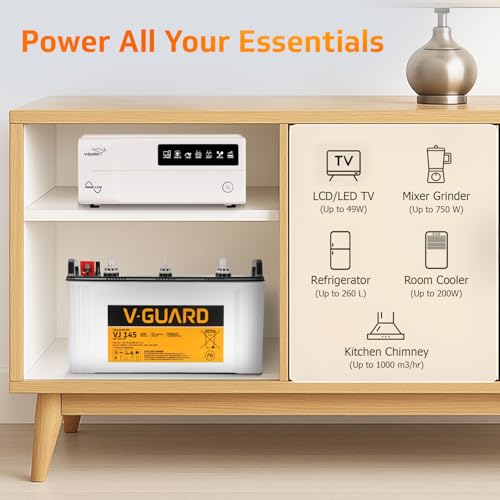 Image of V-Guard Inverter & Battery Combo (1150 Pure Sine Wave 1000VA /12V Inverter, VJ 145 135 Ah Tall Tubular Battery) for Home, Office & Shops
