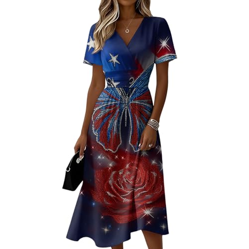 Vestido midi con manga corta casual cruzado floral y rayas para mujer
