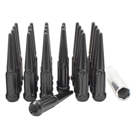 Wheel Accessories Parts 24 Pcs M14x1.5 14x1.5 Thread Spiked 4.4 Long Lug Nuts Black Truck Spline Hex Fits Chevy Silverado GMC Sierra Ford F-150 RAM 1500