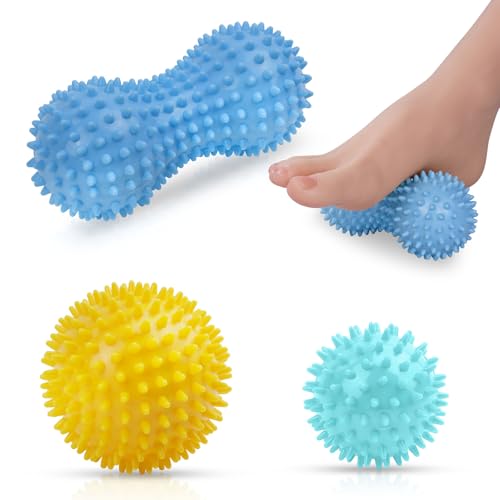 URAQT Bolas Masaje, 3 Piezas Pelota Masaje Muscular con Pinchos, Bola de Masaje de Relajación Muscular Profunda, Masajeador de Pies y Manos de Aliviar la Fatiga Plantar (Azul claro)