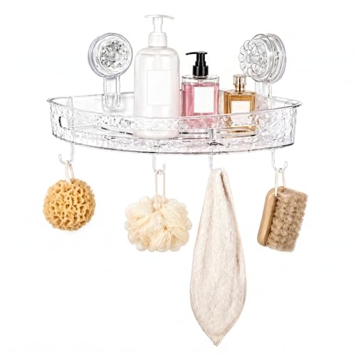 WJHRHYJJ Corner Shower Caddy with Strong Suction Cups No-Drill 90 Corner Shower Organizer with Hooks Removable Wall Mounted Shelf for Tile Glass & Metal (White/Clear)